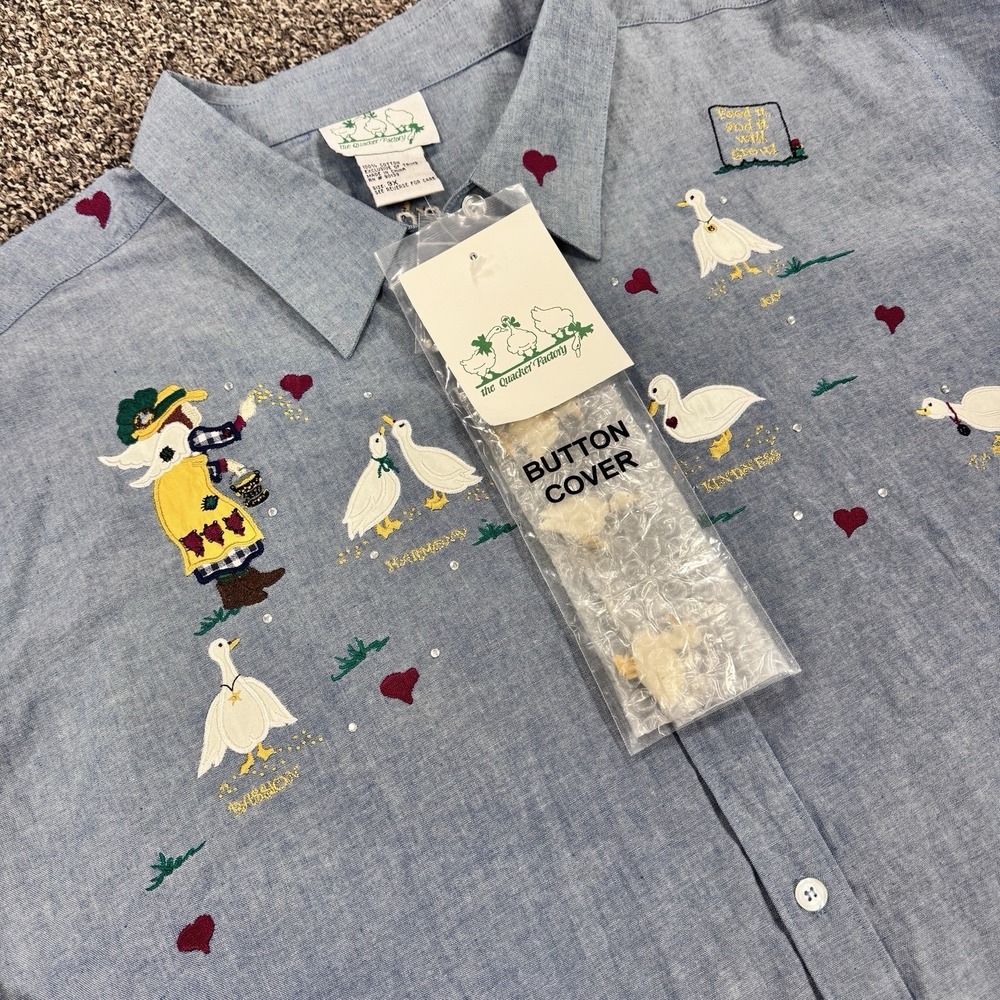 The Quacker Factory Embroidered‎ Chambray Ducks Diamonds Bling Button Covers NWT